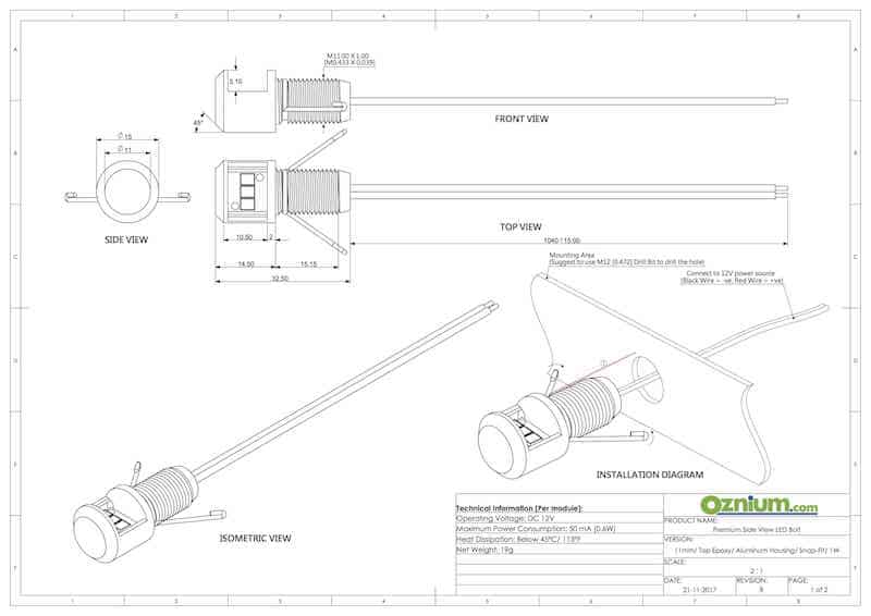 Side View LED Bolt Tech Drawing 11mm