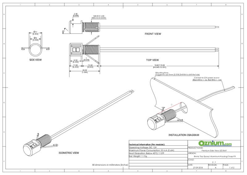 Side View LED Bolt Tech Drawing 8mm